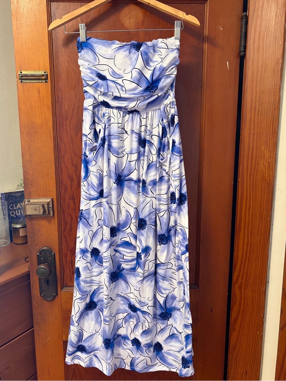 Strapless White and Blue Floral Maxi Dress